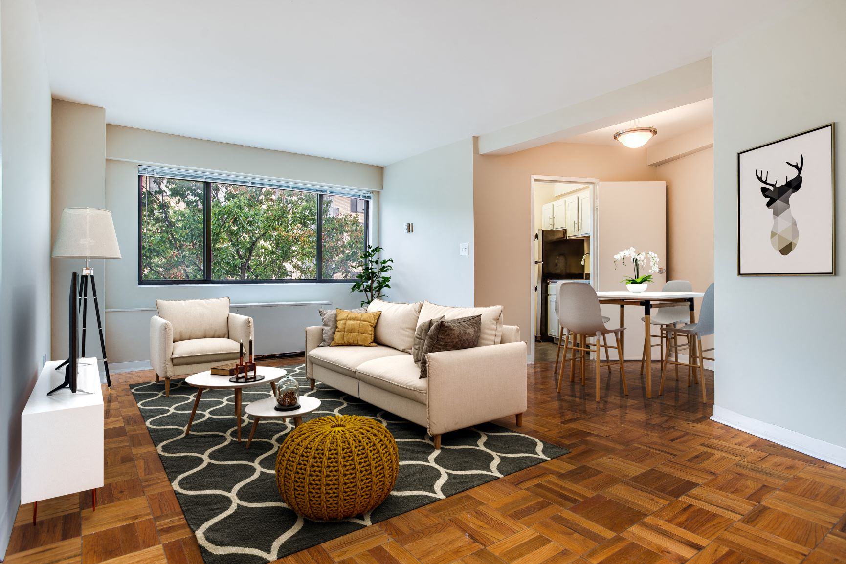 a living room with a couch and a table