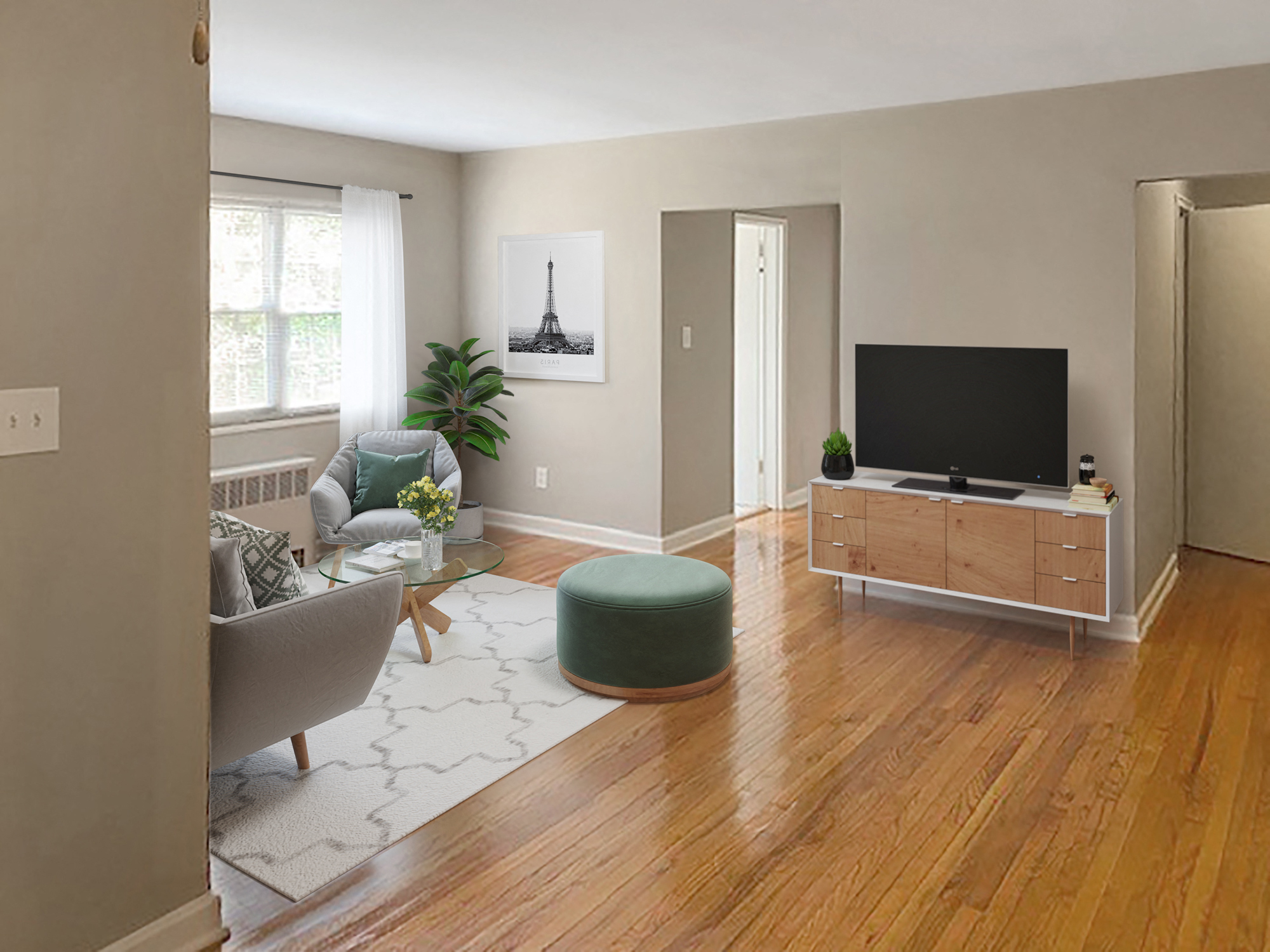 Apartment living area (virtually staged) at Mason Hall in Alexandria, VA 22314