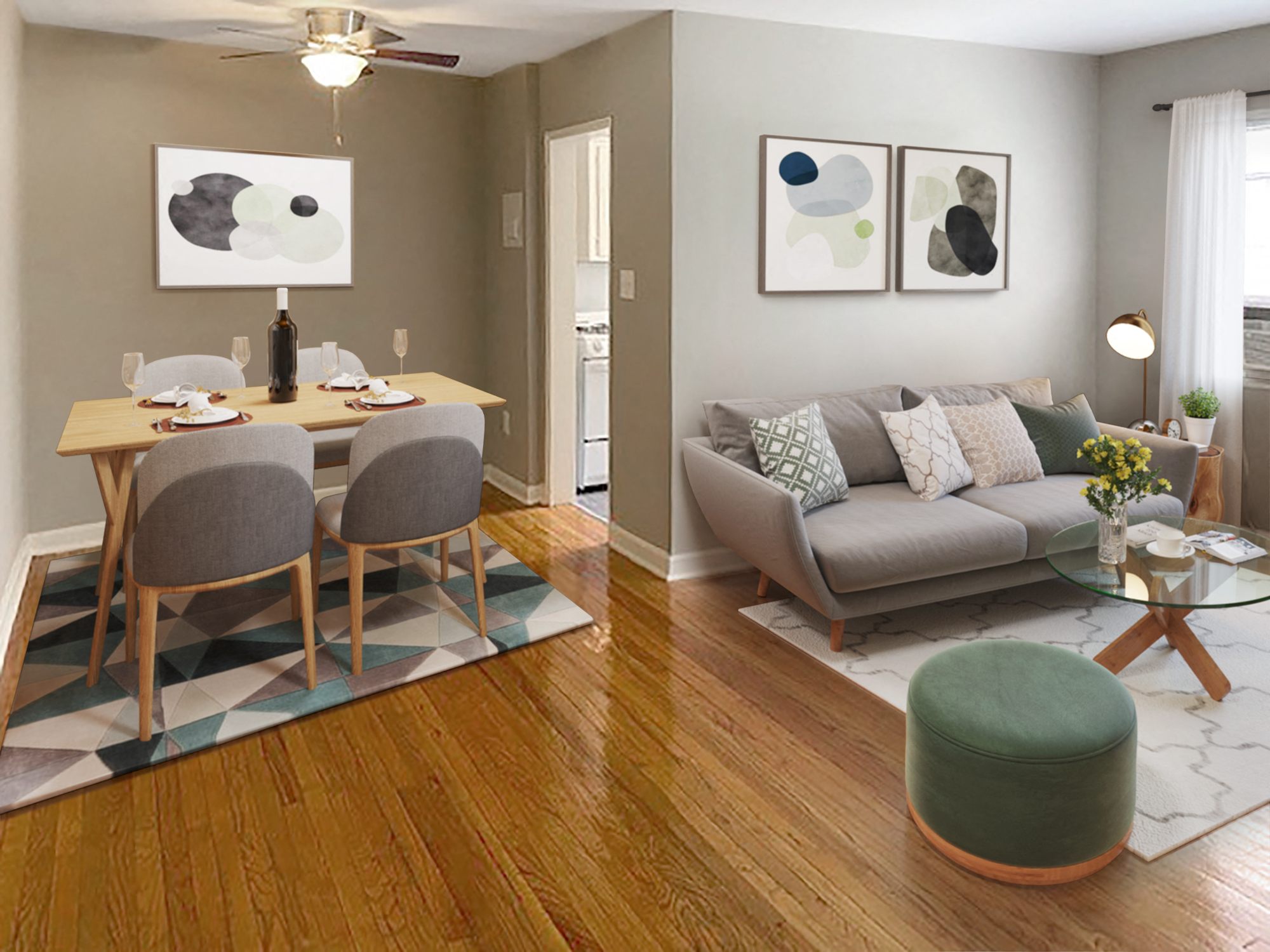 Apartment living and dining area (virtually staged)  at Mason Hall in Alexandria, VA 22314