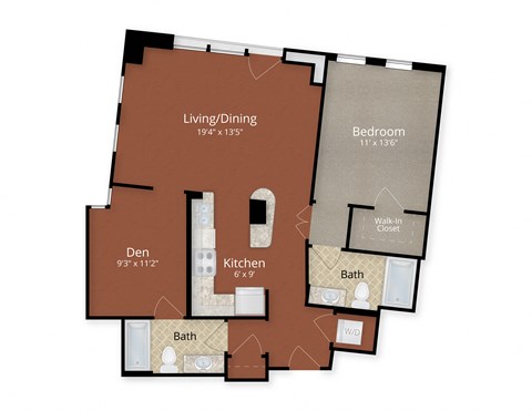 One Bedroom Two Bath Floor Plan at Park Place at Petworth, Washington, 20011