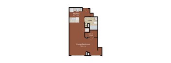 A floor plan of a home with a kitchen, bath, and living/bedroom area.