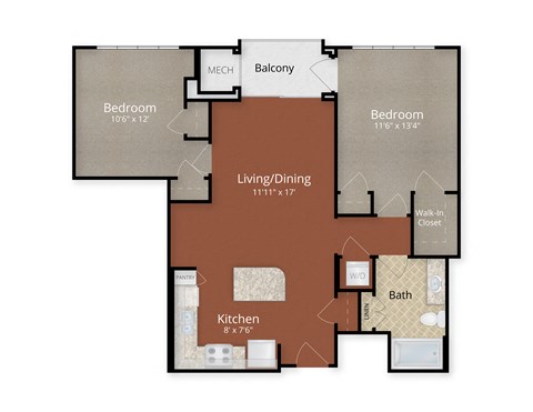 Two Bedroom One Bath Floor Plan at Park Place at Petworth, Washington