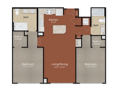 Two Bedroom Two Bath Floor Plan at Park Place at Petworth, Washington