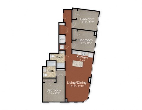 Three Bedroom Two Bath Floor Plan at Park Place at Petworth, Washington, Washington