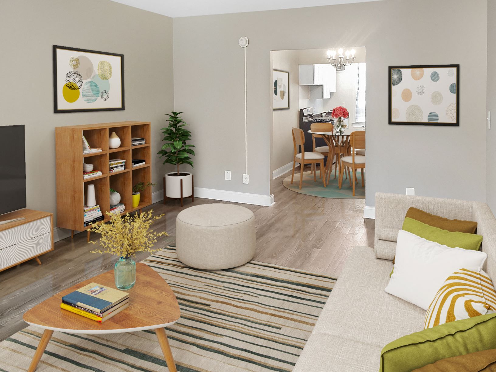 a living room with a couch and a table