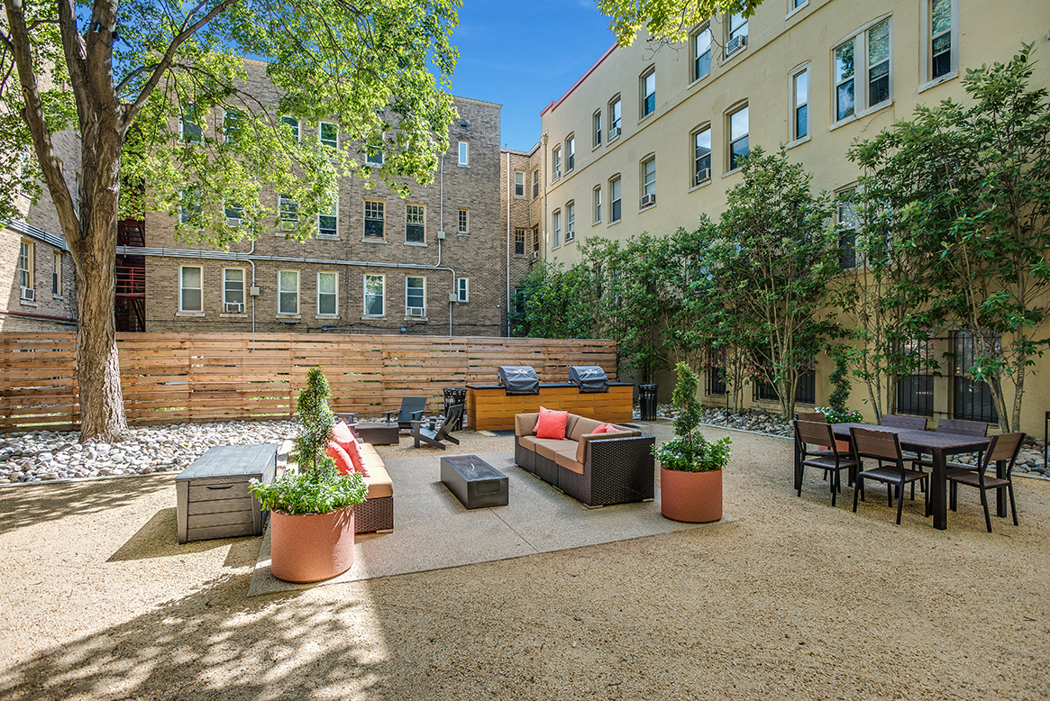 Courtyard with seating area and grills at President Madison, Washington, DC, 20009