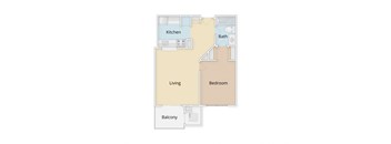 A floor plan of a living space with a kitchen, bathroom, bedroom, and balcony.