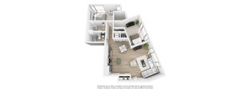 A floor plan of a house with a living room, dining room, kitchen, and two bedrooms.