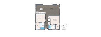 A floor plan of a living space with two bedrooms, a bathroom, and a foyer.