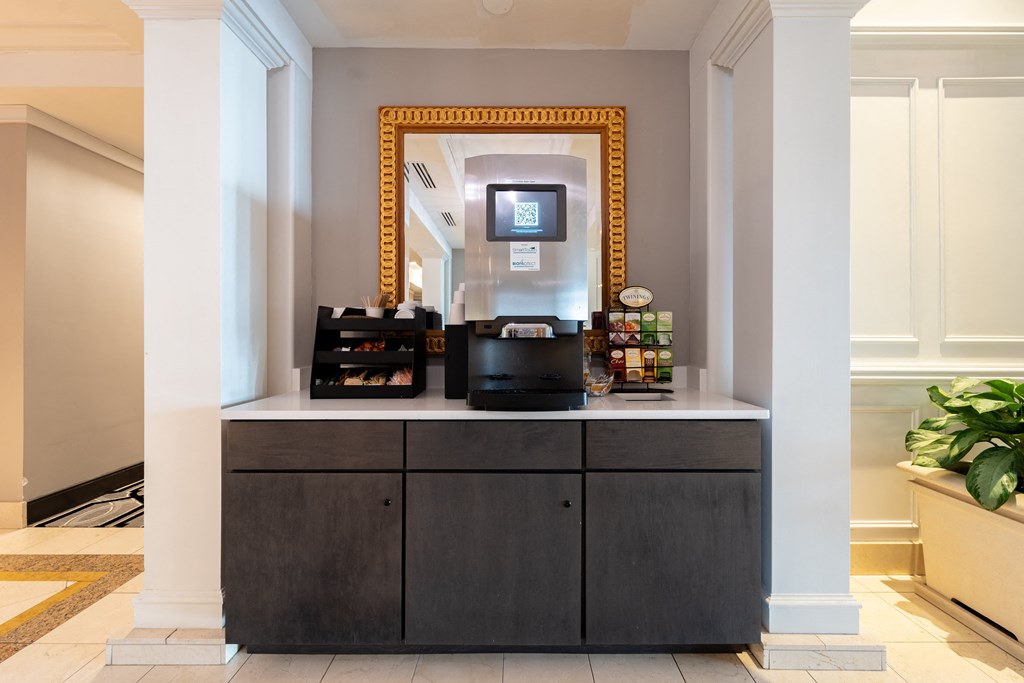 Lobby with coffee station at West End Residences, Washington, 20037