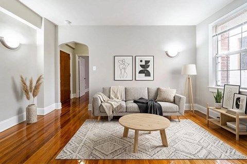 A living room with a couch, a coffee table, and a rug.