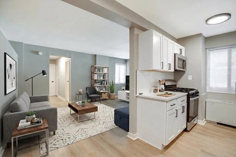 Kitchen and living room area at The Livingston Apartments in the Chevy Chase DC neighborhood of Washington, DC