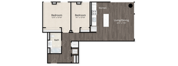 A floor plan of a home with two bedrooms, a bathroom, a kitchen, and a living/dining area.