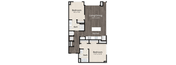 A floor plan of a small apartment with two bedrooms, a living/dining area, kitchen, pantry, and two bathrooms.