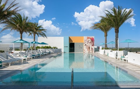 A large swimming pool surrounded by palm trees and lounge chairs.