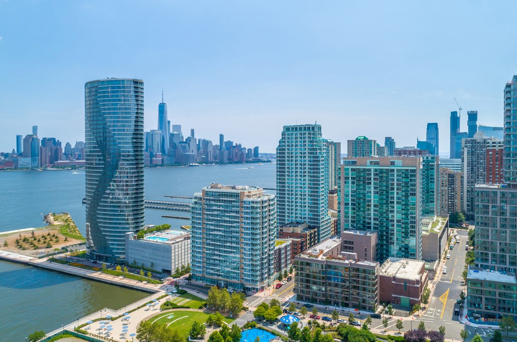 Aerial view of Newport buildings with Manhattan Skyline