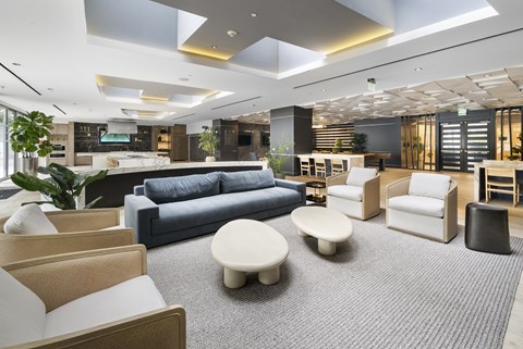 A modern living room with a grey carpet and furniture.