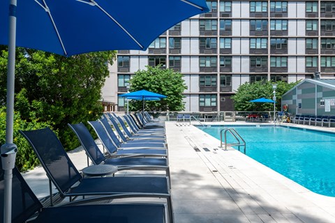 A row of sun loungers are on the left of a pool.