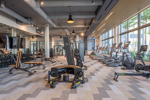 A gym with a variety of equipment including treadmills, weights, and exercise bikes.