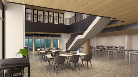 a rendering of a large dining room with tables and chairs