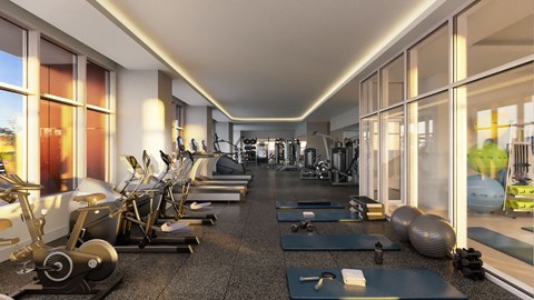 a gym with cardio machines and weights on the floor