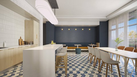 a rendering of a dining room with a long white table and chairs