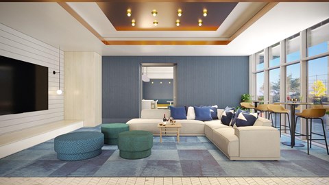 a rendering of a living room with blue walls and a white couch
