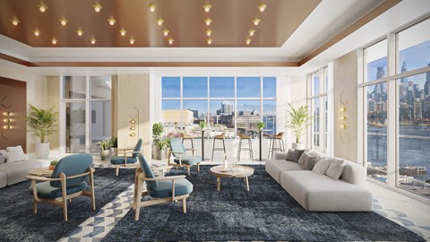a rendering of a living room with a view of the city skyline