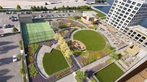 an aerial view of a park in the middle of a city