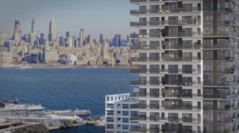 an aerial view of the city and the hudson river