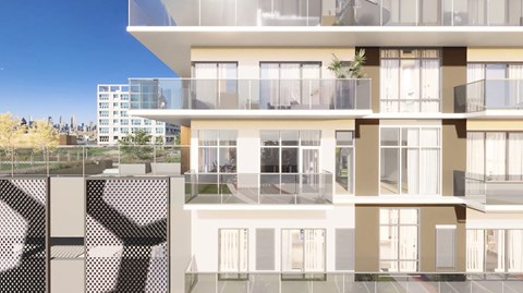 a rendering of a building with balconies and a city in the background