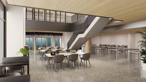 a rendering of a large dining room with tables and chairs