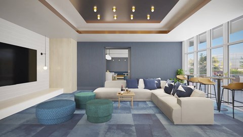 a rendering of a living room with a white couch and a television