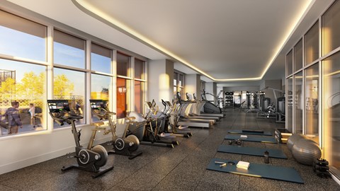 a rendering of a gym with cardio equipment and windows