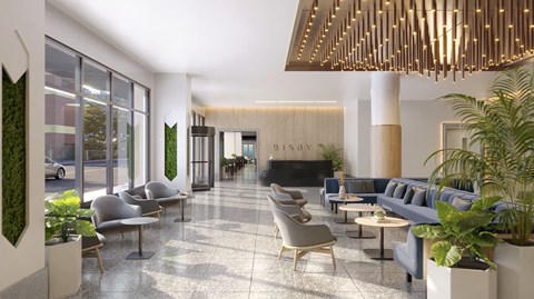 a rendering of the lobby of a hotel with couches and chairs