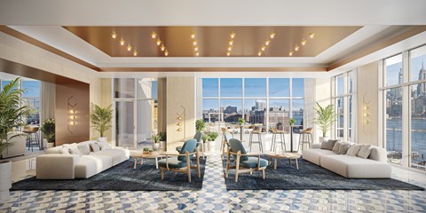 a rendering of a living room with a view of the city