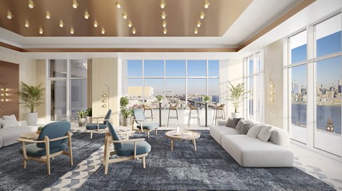 a rendering of a living room with a view of the city