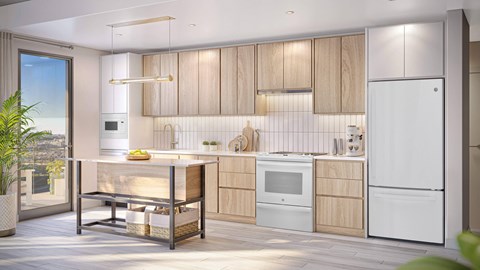 a rendering of a kitchen with wooden cabinets and white appliances