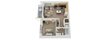 a floor plan of a studio apartment with wood paneling and a balcony