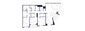 A floor plan of a house with a kitchen, living room, and two bedrooms.