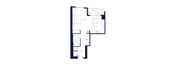 A floor plan of a house with a kitchen, living room, and bathroom.