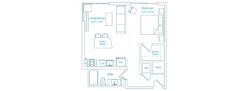 A floor plan of a apartment with a living room, bedroom, bathroom, and kitchen.