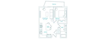 A floor plan of a apartment with a living room, bedroom, bathroom, and balcony.