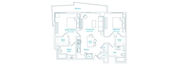 A floor plan of a house with a balcony, master bedroom, living room, kitchen, and bathrooms.