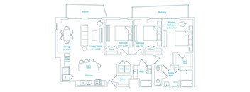 A floor plan of apartment with a balcony, two master bedrooms, a living room, a dining room, a kitchen, and a chef's island.