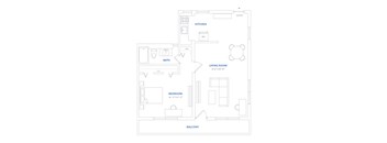 A floor plan of apartment with a living room, kitchen, bathroom, bedroom and balcony.