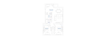 A floor plan of a house with two bedrooms, a living room, a kitchen, and a bathroom.