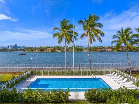 A pool surrounded by palm trees and a city skyline in the distance.