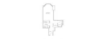 A floor plan of a living room, kitchen, and foyer.