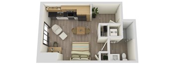 A top-down view of a small, neatly organized apartment with a kitchen, living room, and bathroom.